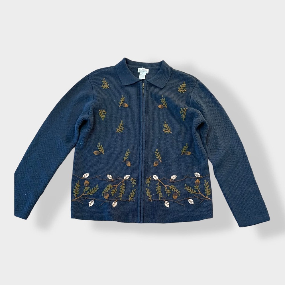 Classic Elements‎ Vintage embroidered leaves cardigan sweater size M
